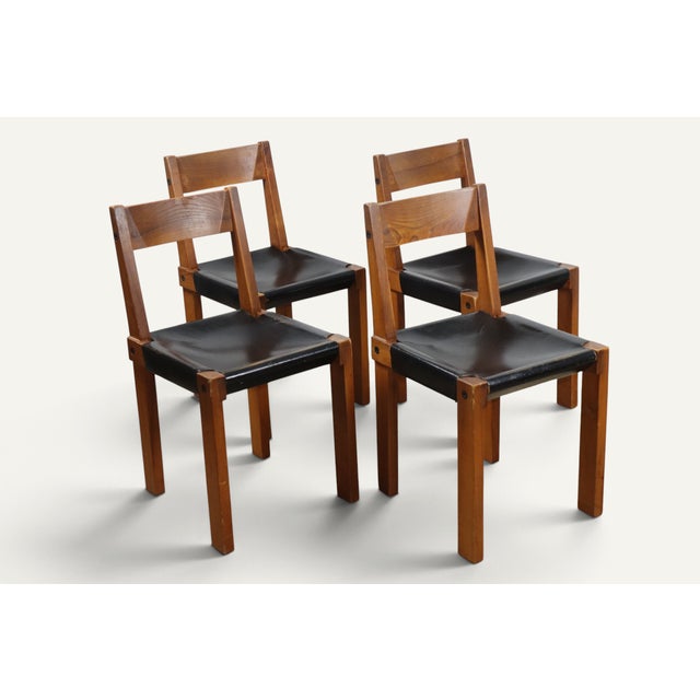 Vintage S24 Chairs in Elm and Black Leather by Pierre Chapo, 1970, Set of 4 For Sale - Image 4 of 18