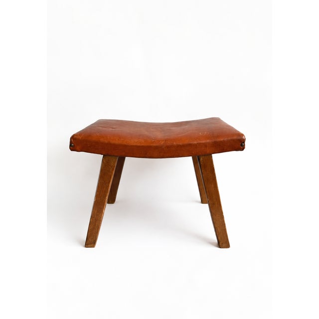 Brown Mid-Century Modern Brutalist Cognac Leather Ottoman, 1960s For Sale - Image 8 of 8