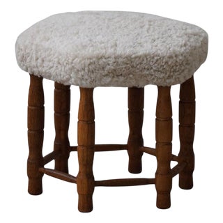 Danish Modern Hexagonal Stool in Oak and Lambswool, 1950s For Sale