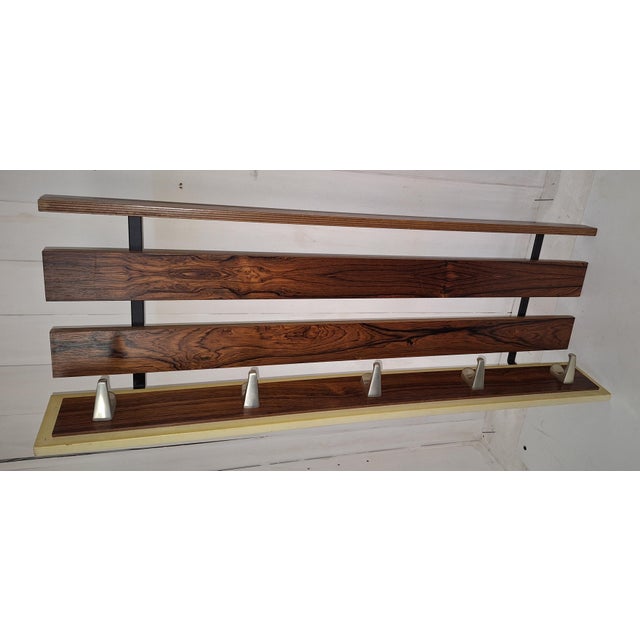 Vintage Wall-Mounted Coat Rack with Teak Wood Struts and Aluminum Hooks, 1970s For Sale - Image 6 of 9