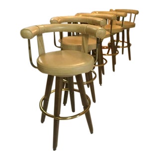 Vintage Mid Century Modern 1970's Swivel Bar Stools Walnut, Brass, and Vinyl - Set of 5 For Sale