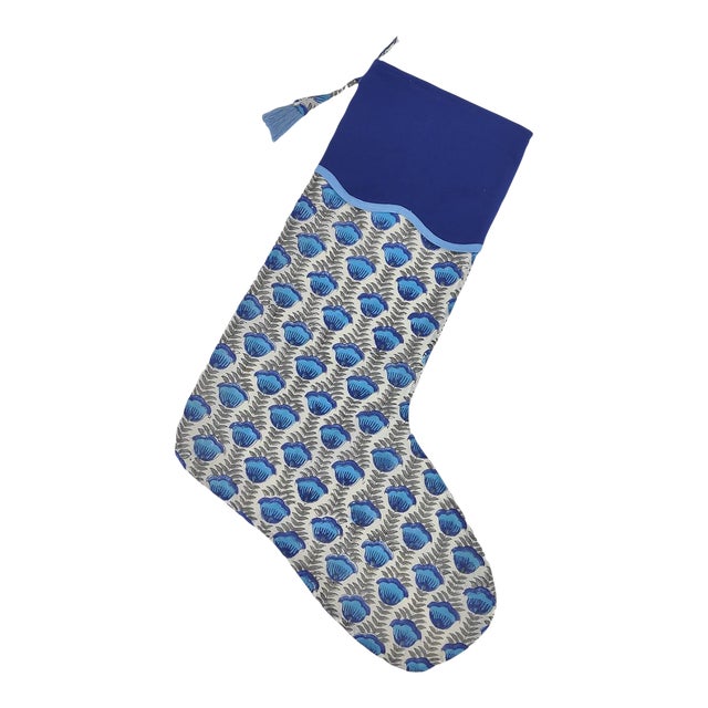 Handmade Blue Flower Block Print Christmas Stocking with Dark Green Piping For Sale