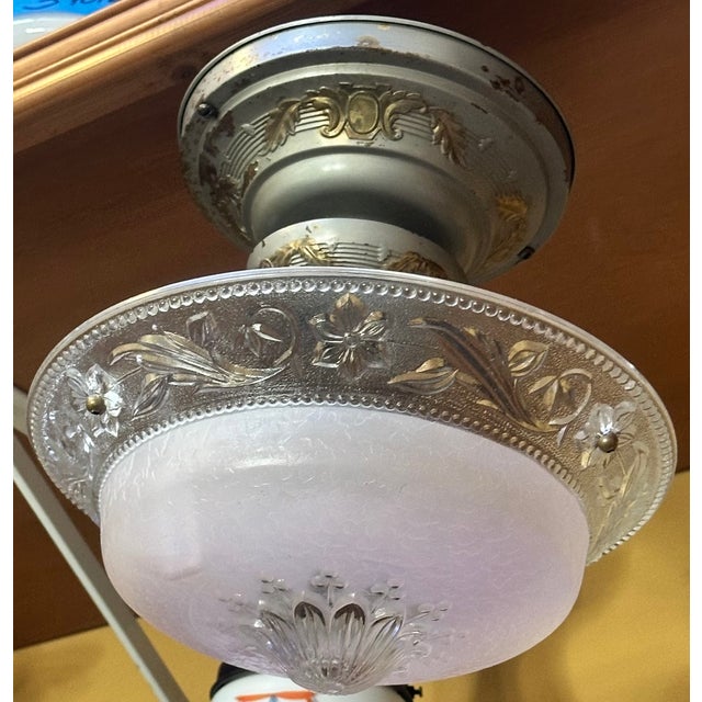 Metal 1930s Mid Century Hanging Ceiling Fixture With Rose Glass For Sale - Image 7 of 7