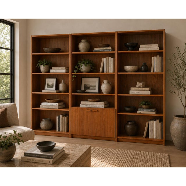 Set of Three Mid-Century Teak Bookcases. A coordinated trio of tall teak-veneer bookcases with adjustable shelves and...
