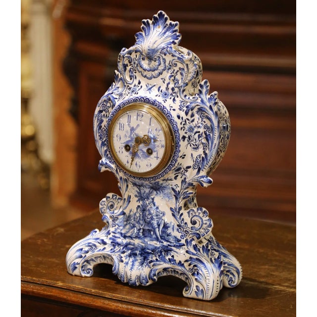 Mid 19th Century 19th Century French Delft Blue and White Faience Mantel Clock With Windmill Scene For Sale - Image 5 of 11