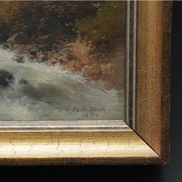 For sale is a painting by Carl Hasch (Vienna 1834 - 1897) Mountain landscape with torrent and deer. Oil on canvas. Framed....