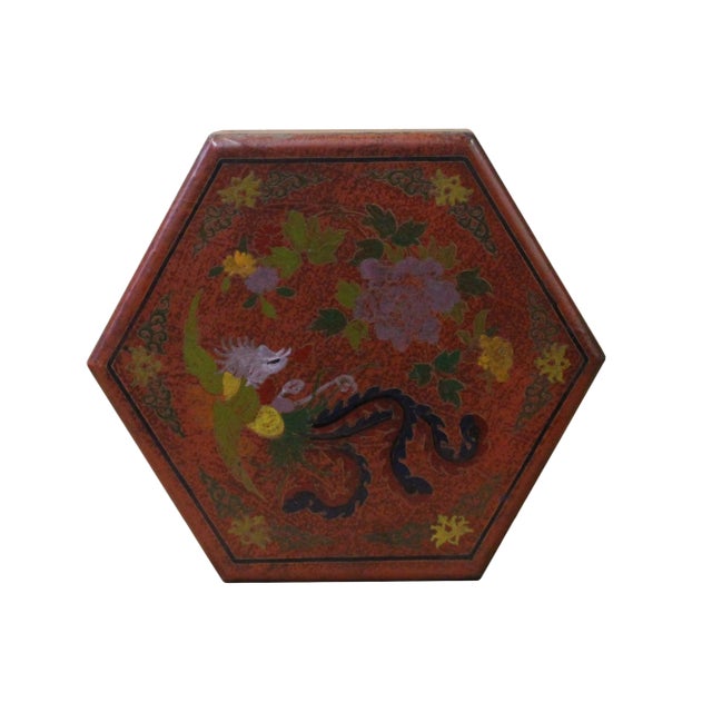 Chinese Distressed Brown Red Bird Graphic Hexagon Shape Box For Sale