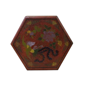 Chinese Distressed Brown Red Bird Graphic Hexagon Shape Box