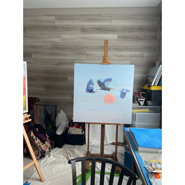 Paint Large Contemporary Oil Painting Blue Herons Over Sunset For Sale - Image 7 of 14
