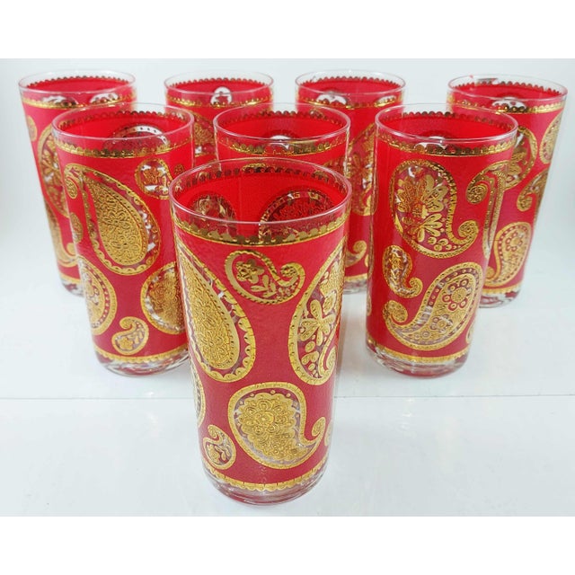 Mid-Century Modern Set 8 MCM Culver 22k Gold & Red Paisley Highball Glasses Tumblers W/ Carrier For Sale - Image 3 of 9