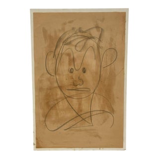 Vintage Abstract Portrait Drawing on Toned Paper by Jerry Owens, Modernist Figurative Artwork.. For Sale