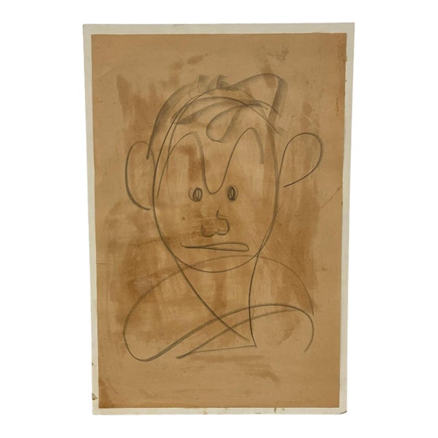 Vintage Abstract Portrait Drawing on Toned Paper by Jerry Owens, Modernist Figurative Artwork.. For Sale