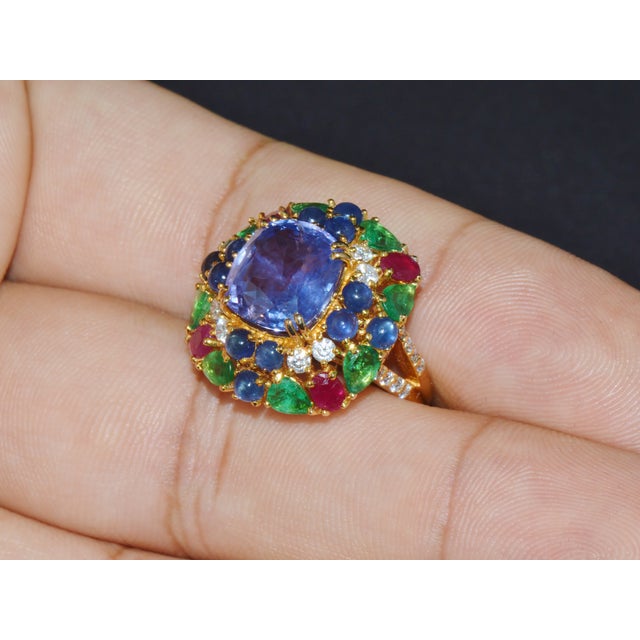 Purple Gia Natural 11.84cts vs F Diamond No Heat Sapphire Ruby Emerald 18k Gold Dinner Cocktail Ring, Size 6.75 For Sale - Image 8 of 13