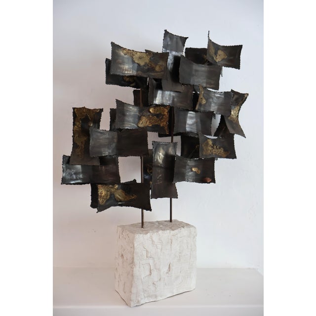 Brutalist Brutalist Torch-Cut Brass Tabletop Sculpture on Plaster Base, Silas Seandel Style For Sale - Image 3 of 11