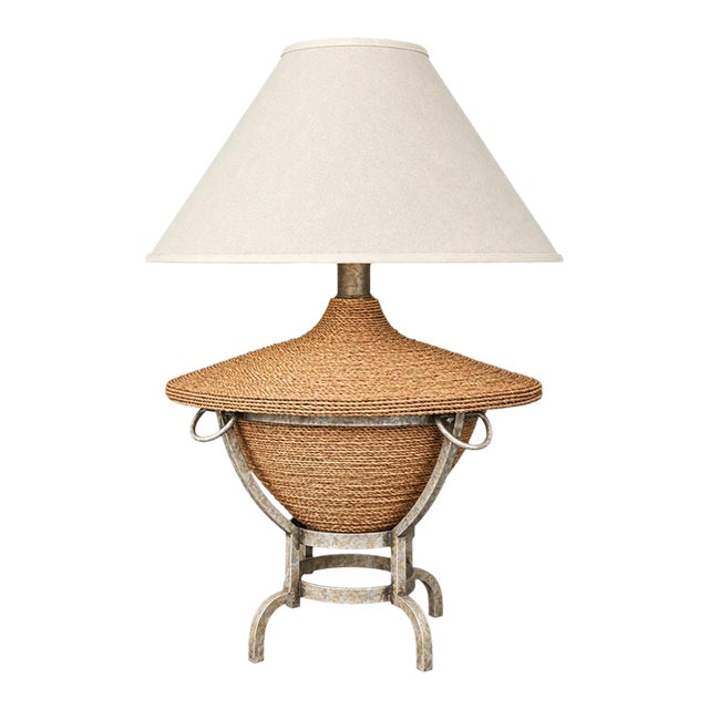 Vintage 1990s Raffia & Dark Wicker Table Lamp For Sale