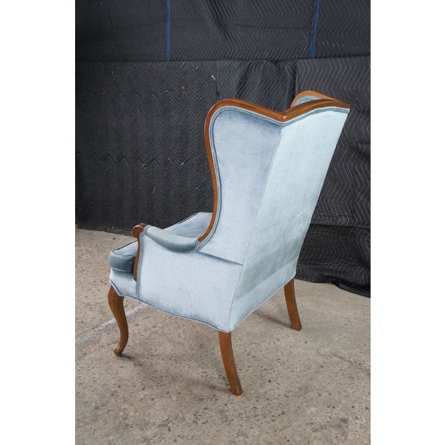 Late 20th Century Vintage Queen Anne Style Library Wing Back Chair Light Blue Velvet Fabric For Sale - Image 5 of 11