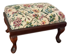 Vintage English Linen Floral Upholstered Wooden Footstool