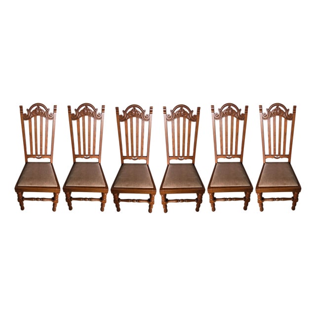 Golden Oak High Back Carved Dining Chairs, Set of 6 For Sale
