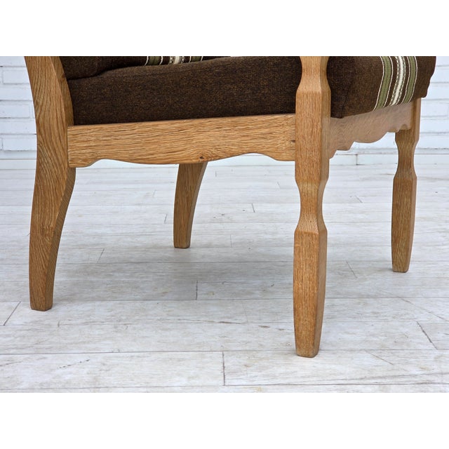 Wood Danish Armchair in Striped Furniture Wool and Carved Oak Wood, 1970s For Sale - Image 7 of 17