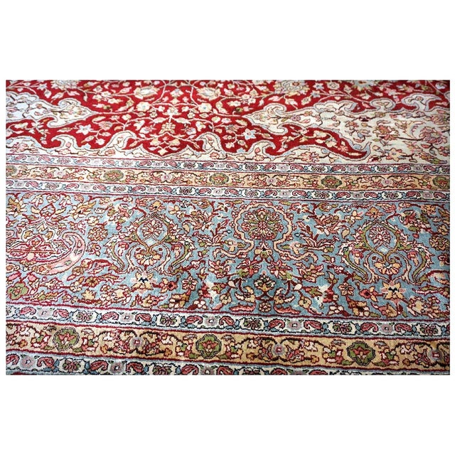Vintage Kashmiri Tabriz Silk 9x12 Red, Ivory & Light Blue Handmade Area Rug #1144057 For Sale - Image 9 of 15