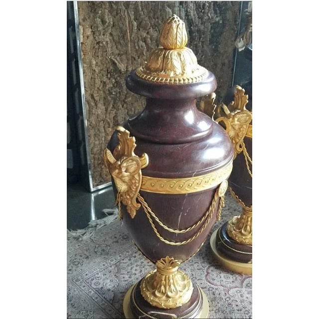 20th Century French Rouge Marble Bronze Ormolu Urns - a Pair For Sale - Image 12 of 13