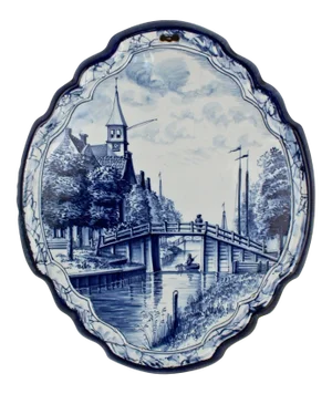 Antique Blue and White Dutch Delft Pottery Wall Plaque with Canal Scene