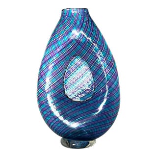 Handblown Art Glass With Reticello Pattern in Blue and Lavendar in Murano Style For Sale
