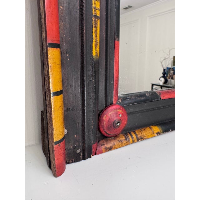 Vintage Tribal Folk Art Painted Wood Wall Mirror in Black, Red & Yellow For Sale - Image 10 of 13