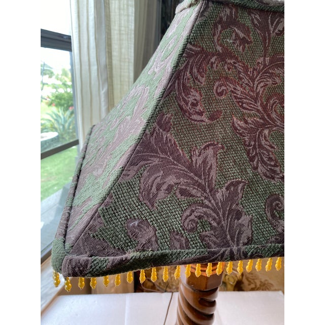 Burgundy Vintage Carved Wood Table Lamp With Ornate Damask Shade, Beaded Fringe, Traditional European Style, Decorative Accent Lighting For Sale - Image 8 of 12