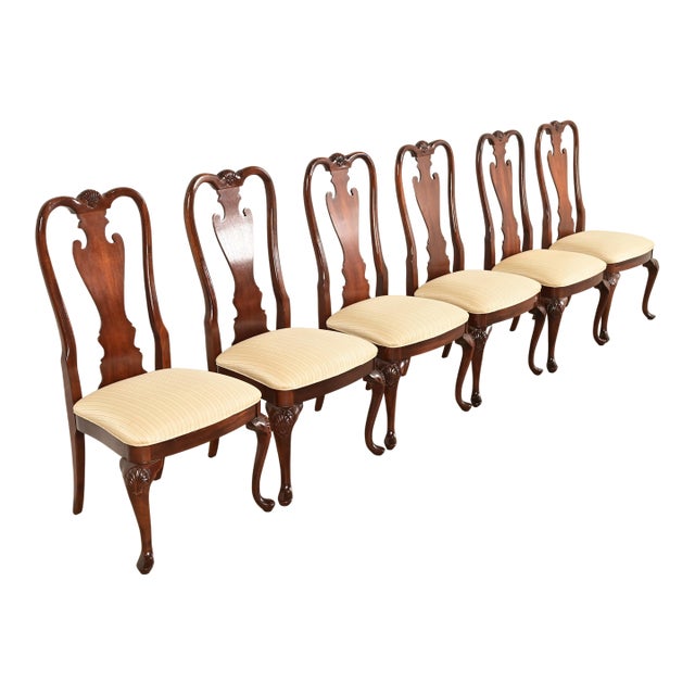 Thomasville Queen Anne Carved Solid Mahogany Dining Chairs, Set of Six For Sale