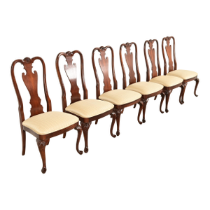 Thomasville Queen Anne Carved Solid Mahogany Dining Chairs, Set of Six