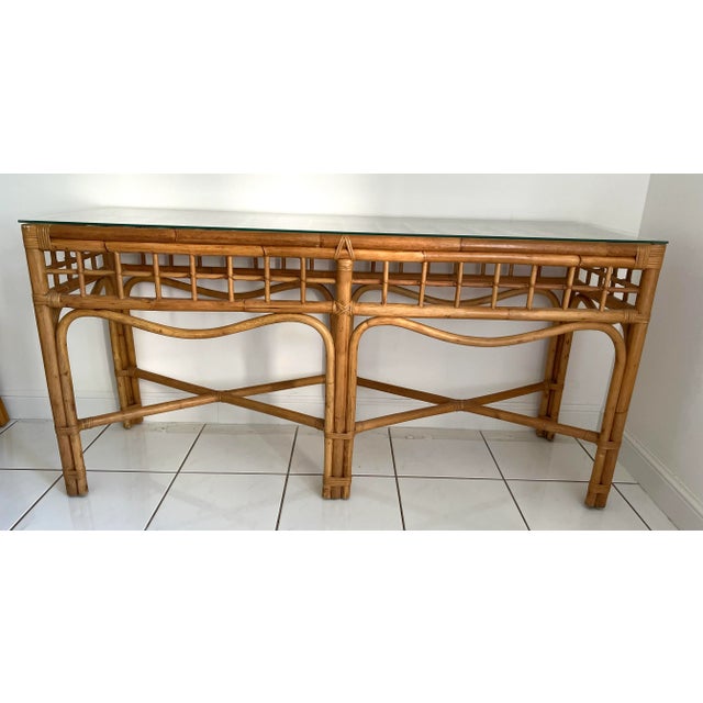 Boho Chic Boho Chic Rattan Console Table With Glass Top For Sale - Image 3 of 12