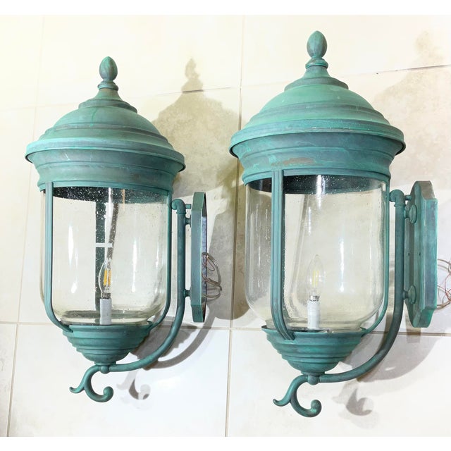 Pair of Vintage Solid Brass Wall Lanterns /Sconces 26”x 12” X13” For Sale - Image 10 of 15