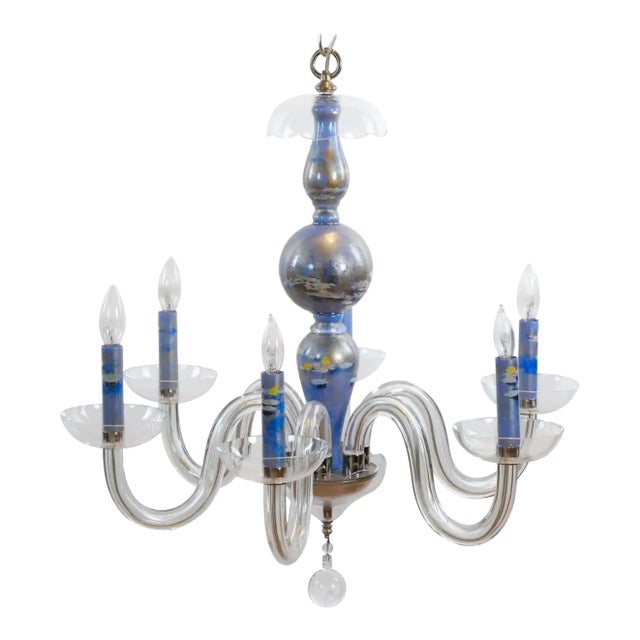 Monet Water Lilies Blue / Silvered Decoupage Glass Chandelier For Sale