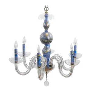 Monet Water Lilies Blue / Silvered Decoupage Glass Chandelier