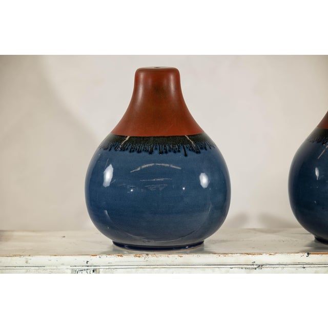 Pair of Artisan Ceramic Vases in Midnight Blue, Pre-Drilled for Lamp Conversion For Sale - Image 10 of 12