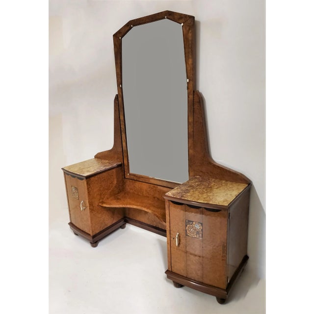 Important and spectacular French Art Deco vanity in beautifully figured thuya wood, attributed to Maurice Dufrène. Created...