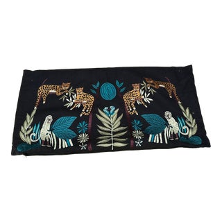 Vintage Black Pillow Cover With Embroidered Cheetah and Jungle Scene For Sale