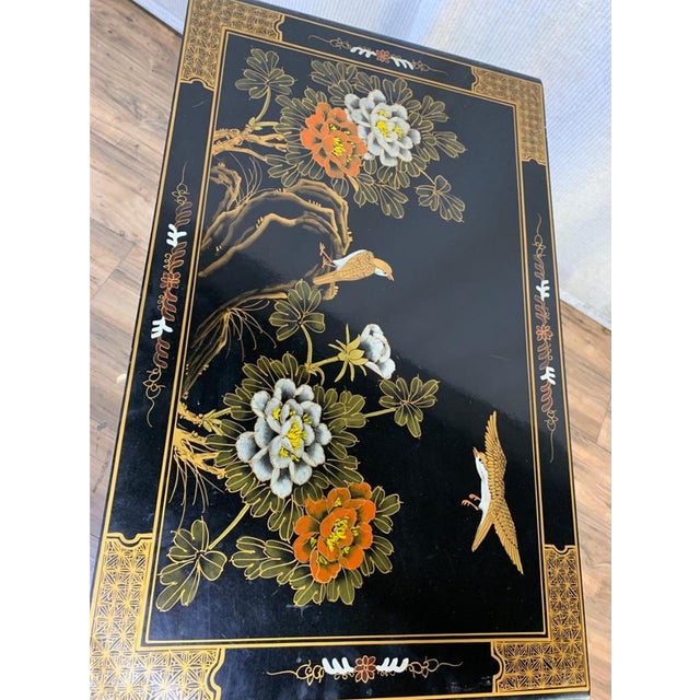 Vintage Chinese Asian Chinoiserie Floral Cabinet ~ Black Lacquered Side Table For Sale - Image 12 of 15