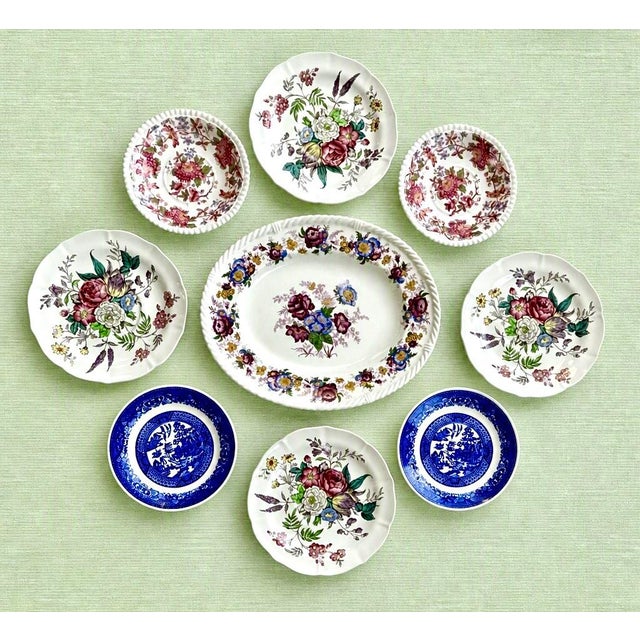 Vintage English Curated Plate Wall Collection - Mid-20th Century - 9 Plates Anchored by a striking Royal Cauldon...