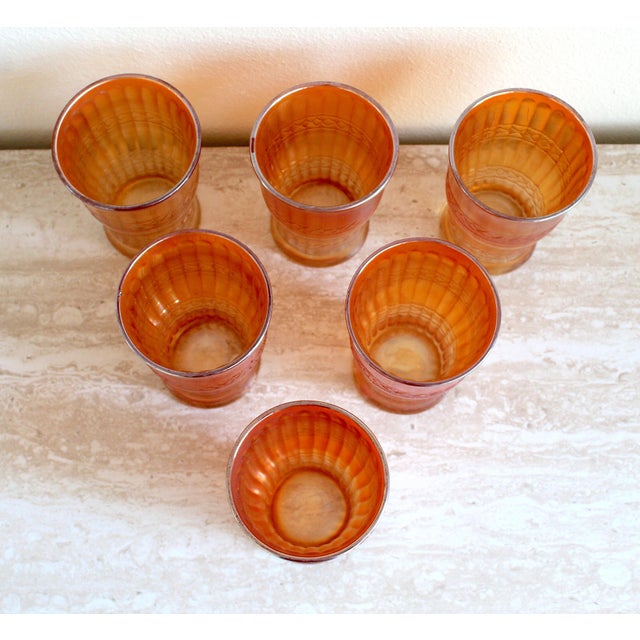 Orange Vintage Fenton Scale Band Marigold Carnival Glass Tumblers - Set of 6 For Sale - Image 8 of 15