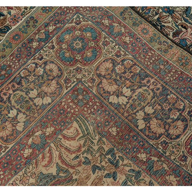 Textile Early 20th Century Persian Kirman Wool Rug in Blue, Brown, Green, Pink and Red For Sale - Image 7 of 8