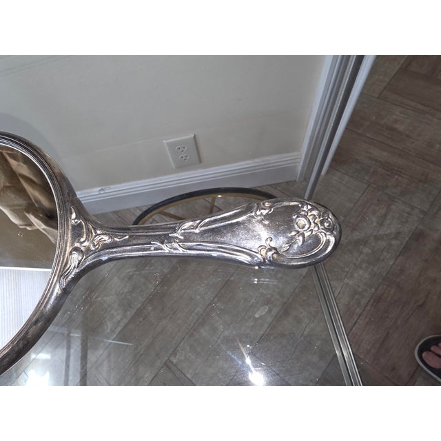 Victorian Silverplated Hand Mirror Decorated With a Cherub For Sale - Image 3 of 10