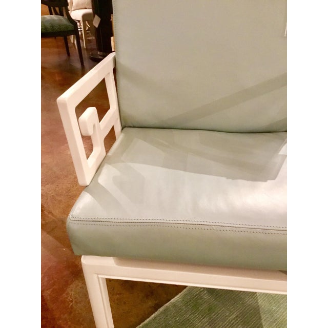 2010s Global Views Modern White and Blue Leather Greek Key Arm Chair For Sale - Image 5 of 7