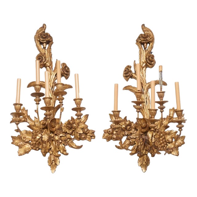 Mid-20th Century French Country Giltwood Five-Light Wall Sconces With Carved Floral and Fruit Decoration - Pair For Sale