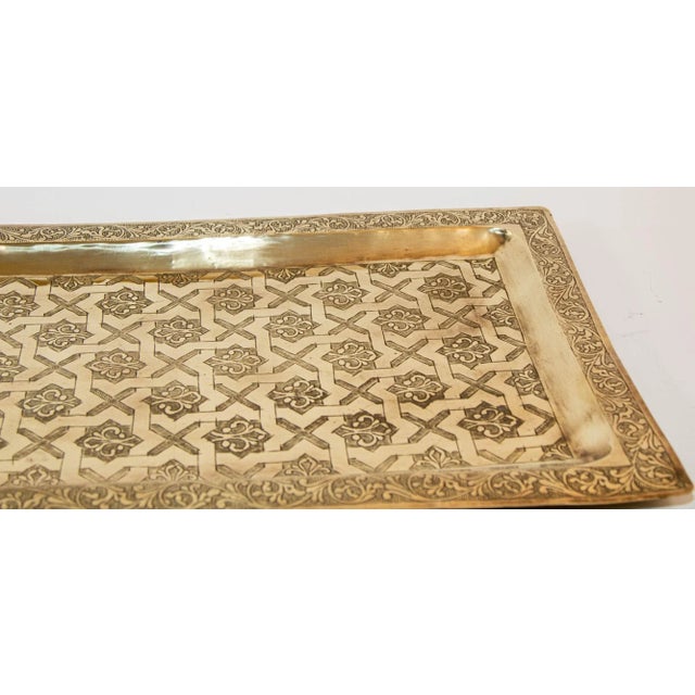1940s Moroccan Brass Tray Rectangular Shape Polished Gold Brass Serving Platter For Sale - Image 12 of 13