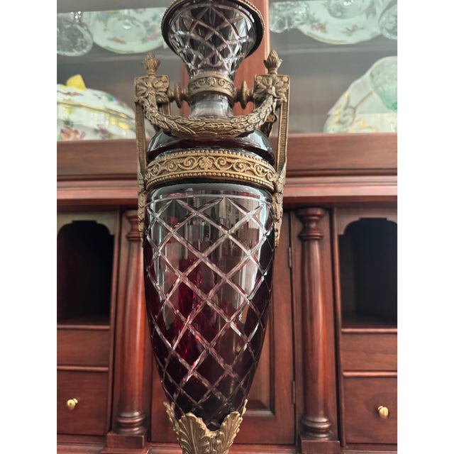 Tall Statement Antique Ruby Cut to Clear Crystal Lidded Urn With Second Empire Style Bronze Mounts For Sale - Image 15 of 18