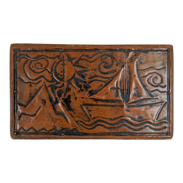 Vintage Mid Century Copper Relief Sailboat Seascape For Sale