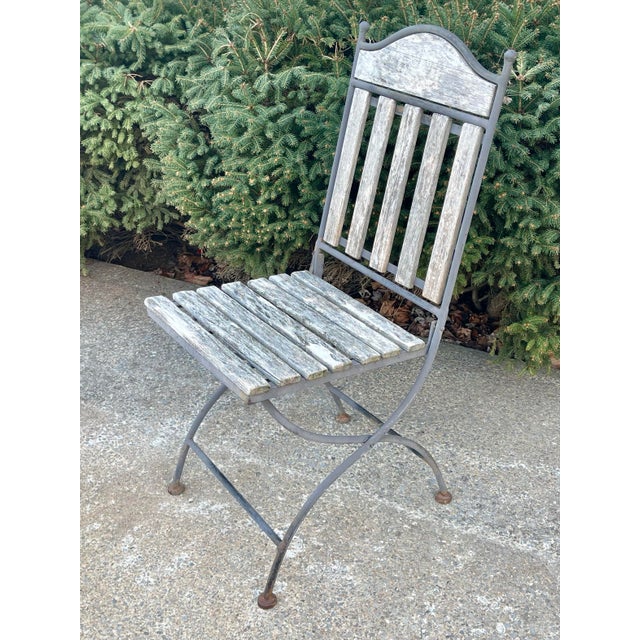 Pair (2) Vintage French Wood & Metal Folding Bistro Chairs Wrought Iron Frame and Teak Slats For Sale - Image 11 of 12