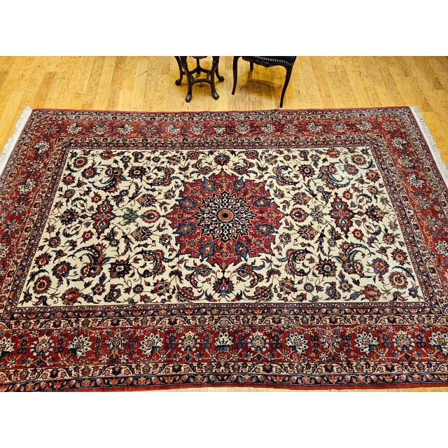 Vintage Persian Isfahan Rug, Hand-Knotted Wool, Floral Pattern, Ivory & Red, 7x11 For Sale - Image 10 of 18